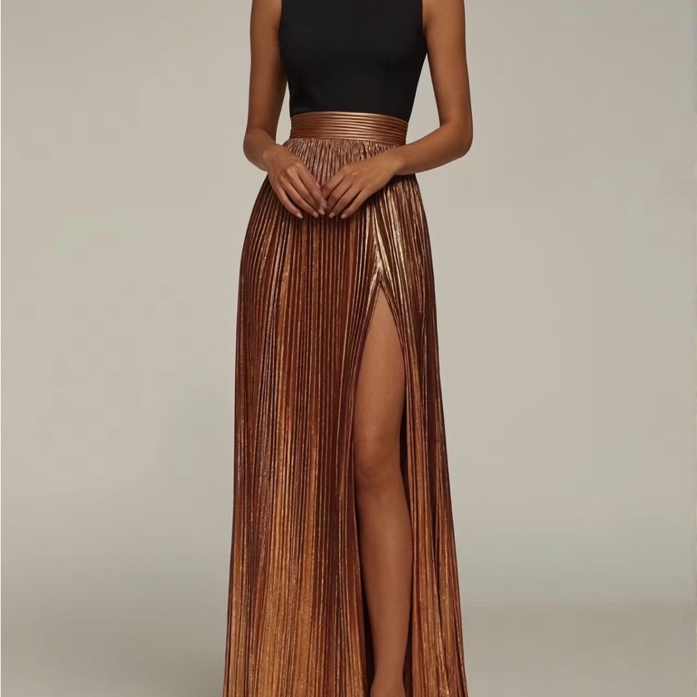Metallic Copper Pleated Maxi Skirt with High Slit